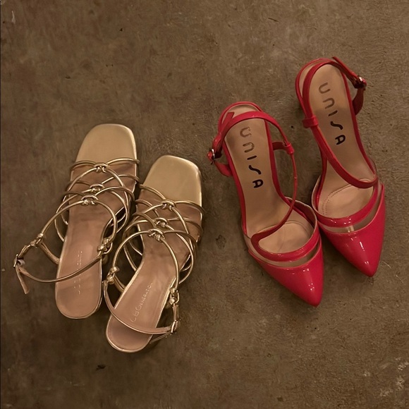 2 in 1 heels package (7.5 golden chunky strap heels and 6.5 pointy red kitten) - Picture 1 of 7